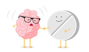 A brain in pain shakes hands with a pill that is smiling, representing how patients who have not seen improvement with other treatments may find relief with atypical antipsychotics for Depression
