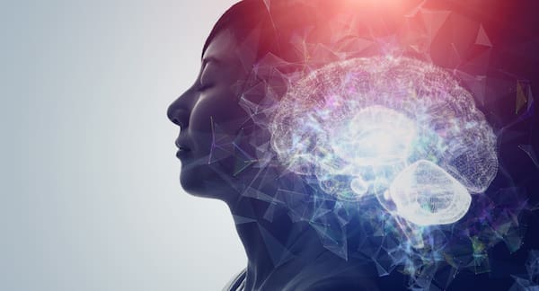 "What is the serotonin theory of depression?" represented by a photo of a woman in profile with the image of a wireframe of a brain overlaid on it